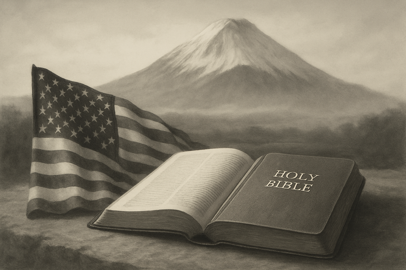 Soft vintage editorial scene showing an American flag beside an open Holy Bible with a majestic mountain in the background, rendered in lighter black-and-white tones with gentle shadows and a calm, contemplative mood