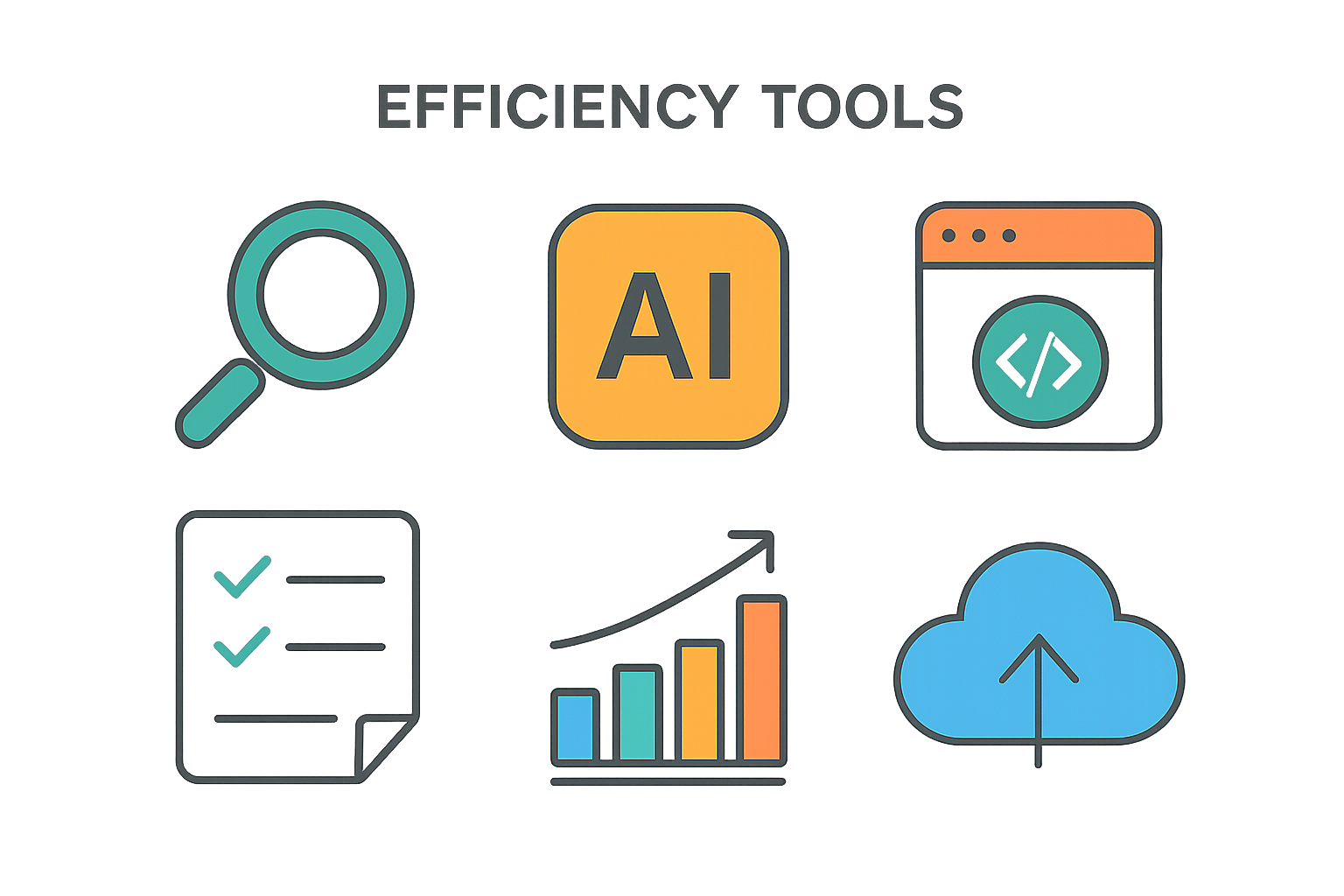 极简风格的效率工具插图，包含不同类型的数字工具图标，如放大镜、AI、小程序等，色彩现代且简洁明快