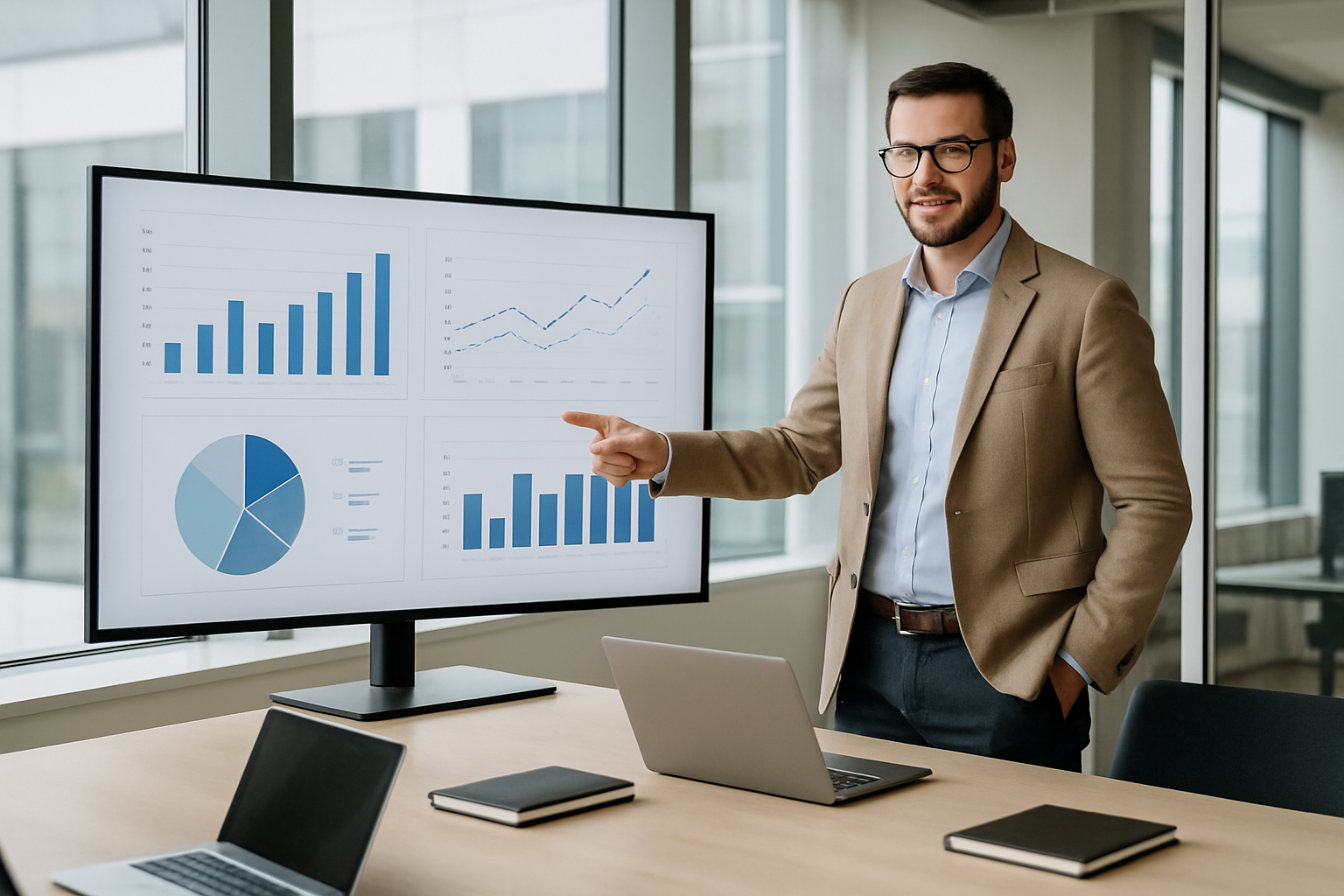 Professional data analyst presenting dashboards in a modern consulting office with laptops and charts on screen