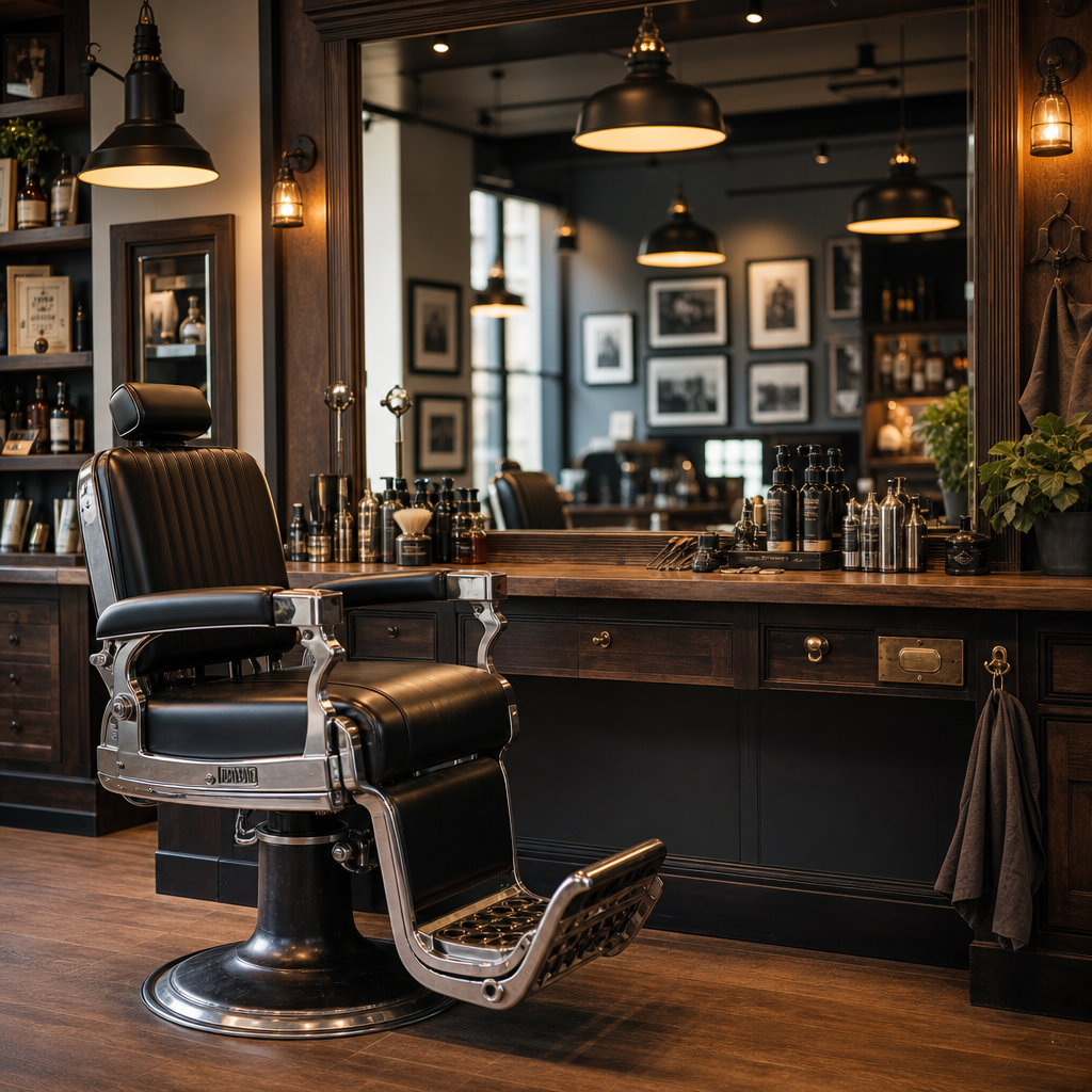 Stylish barbershop interior with a classic barber chair, large mirror, and warm ambient lighting