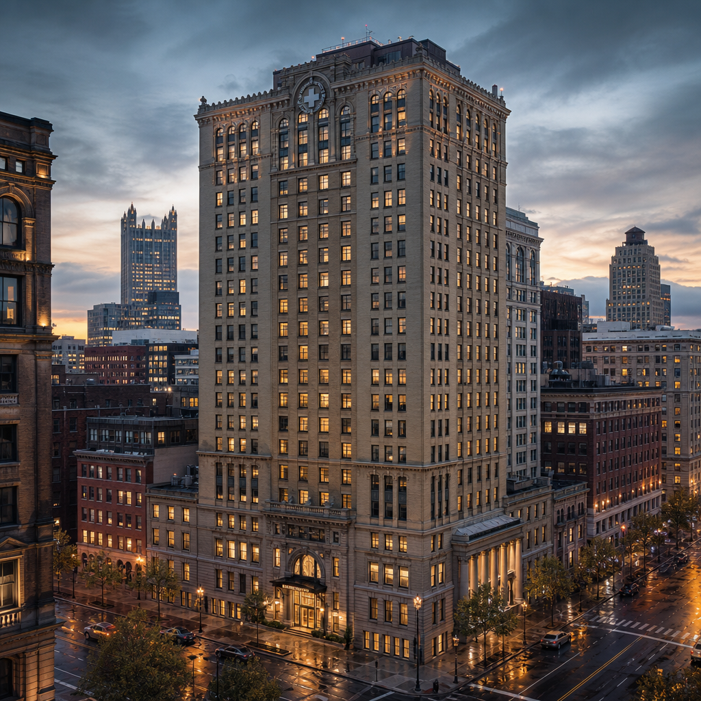 Modern academic medical center hospital exterior in downtown Pittsburgh at dusk with a glass atrium, warm window lights, and a calm skyline