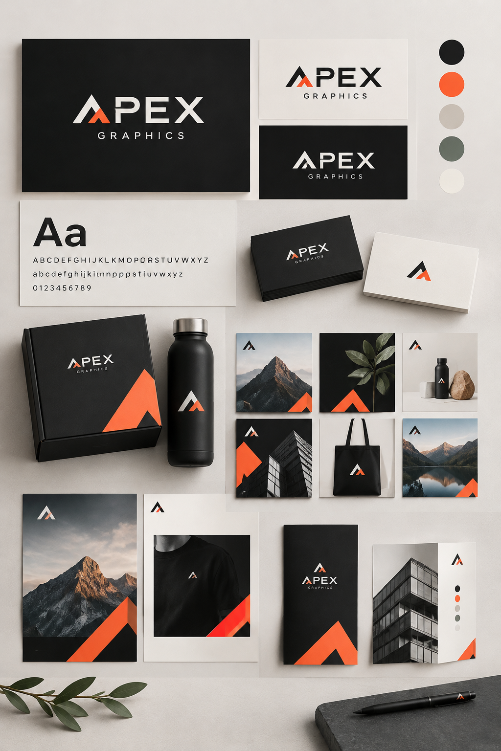Tall modern brand presentation board mockup with logo system, color palette, packaging, and campaign layout elements