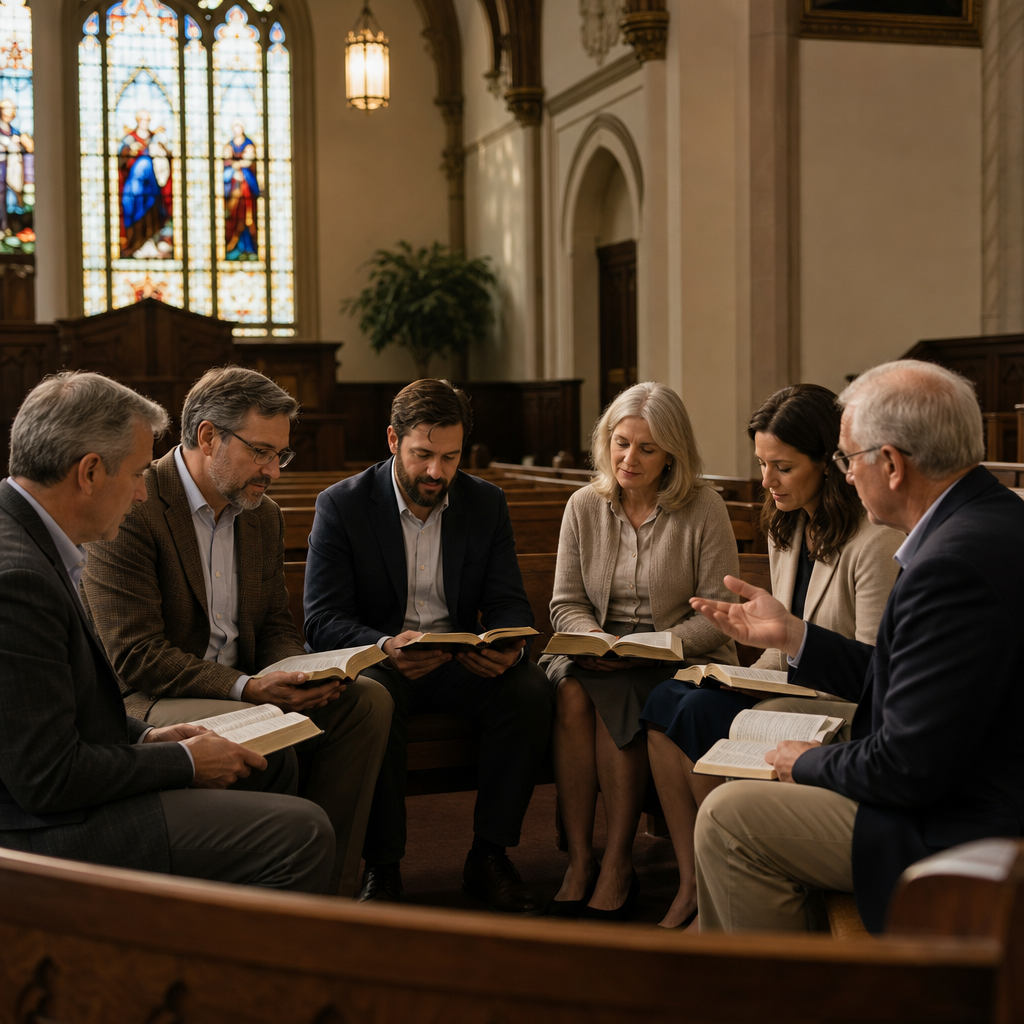 Pastors and elders gathered in a historic church sanctuary, reviewing Scripture together in warm natural light
