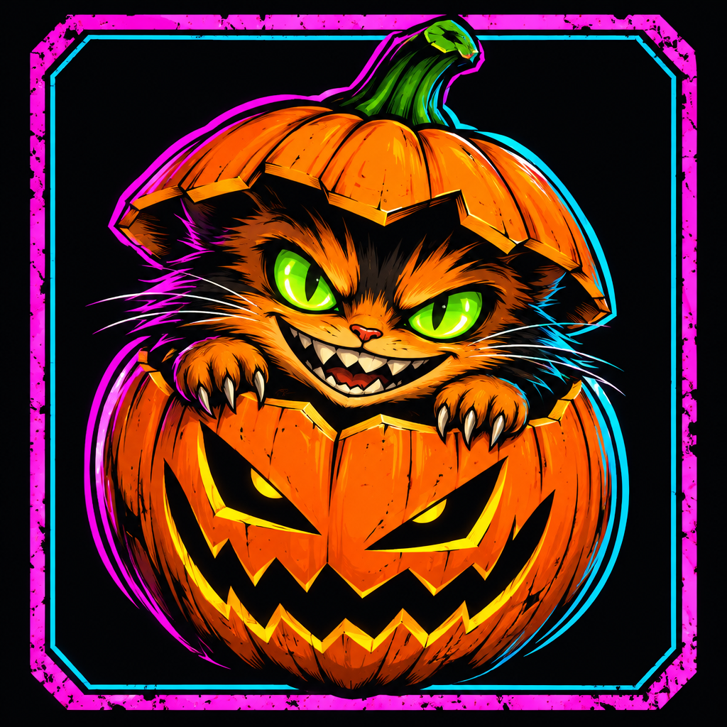Small framed portrait of Pumpkin cat with a carved pumpkin shell, neon grin, and mischievous eyes
