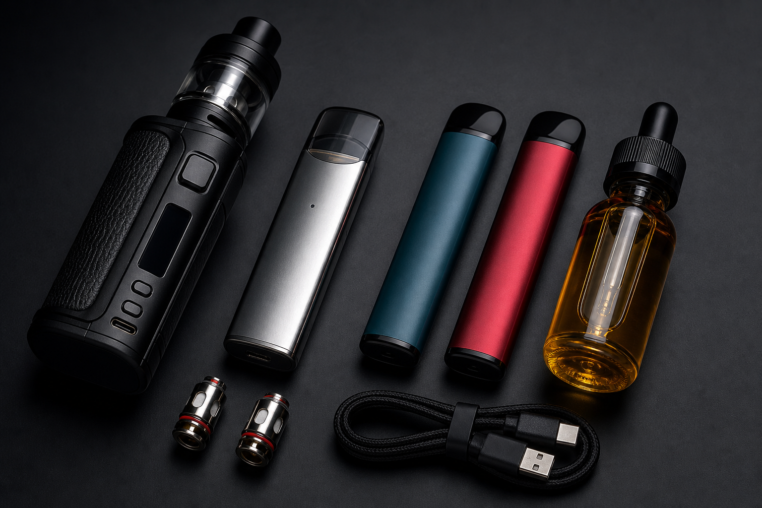 Premium collection of vape devices, pods, e-liquids, and accessories arranged on a dark surface