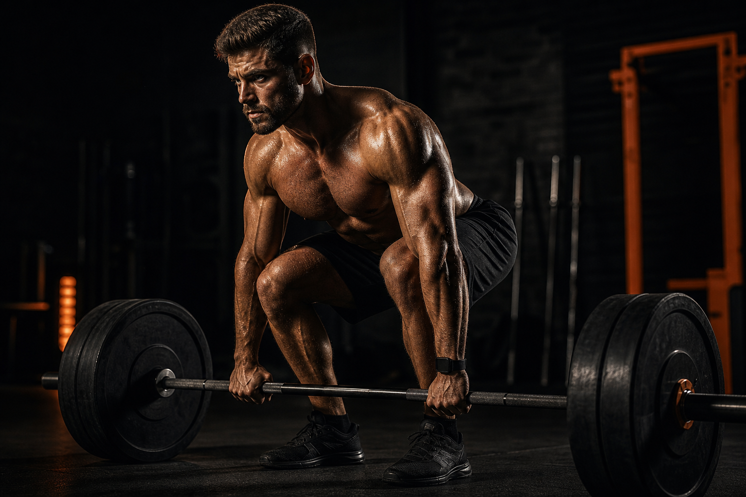 Atleta masculino entrenando con barra en un gimnasio oscuro
