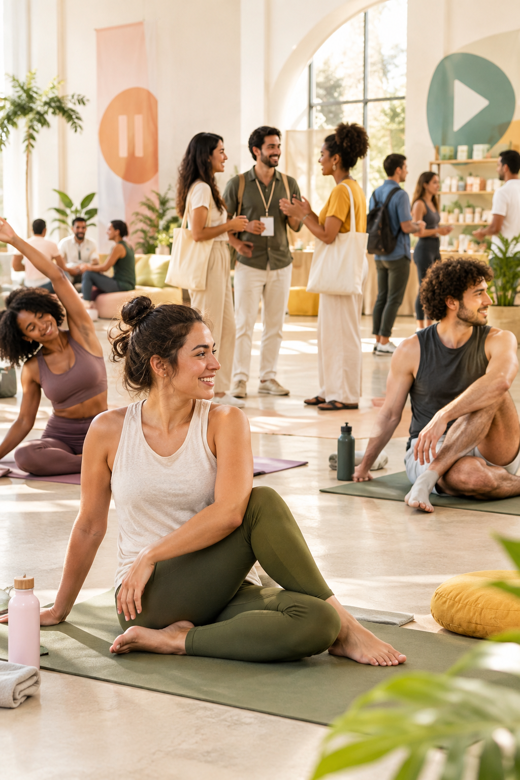 Personas adultas jóvenes en una experiencia de bienestar comunitaria, con movimiento suave, conversación y ambiente luminoso