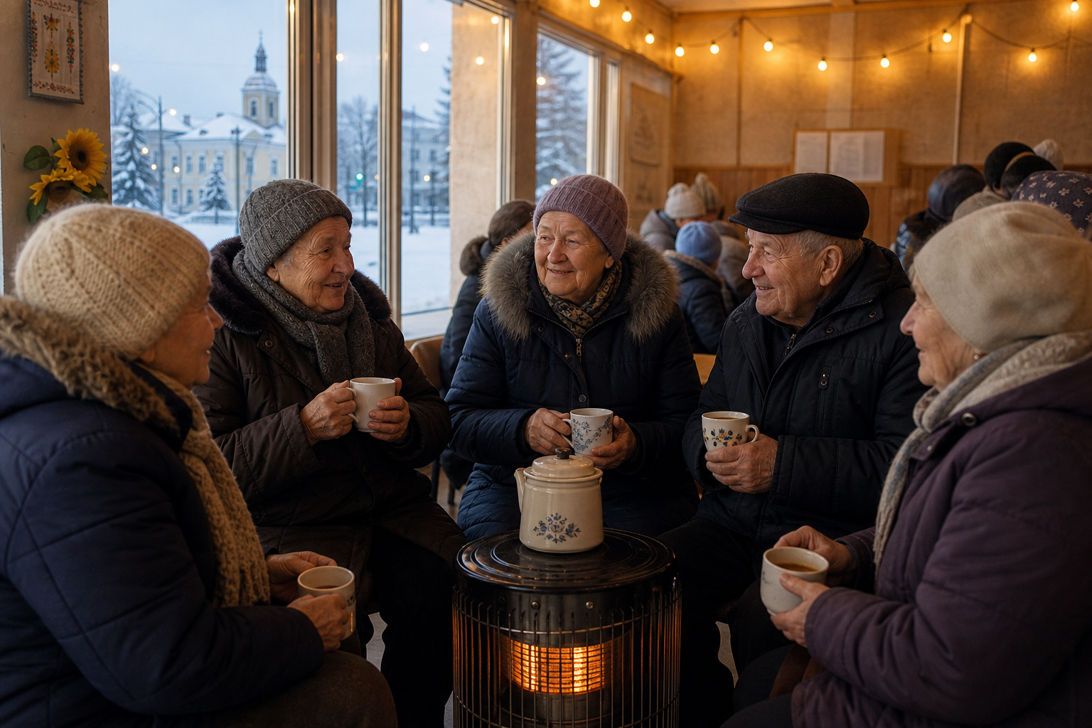 Group of elderly neighbors gathered around a community heating point sharing hot tea in a snowy town square