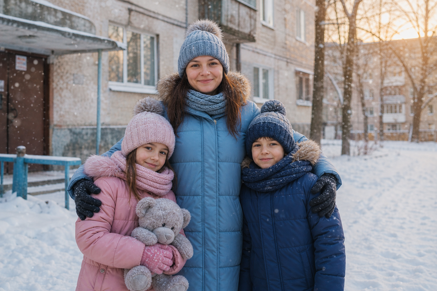 Young mother and two children wearing new winter coats and boots outside a snowy apartment building