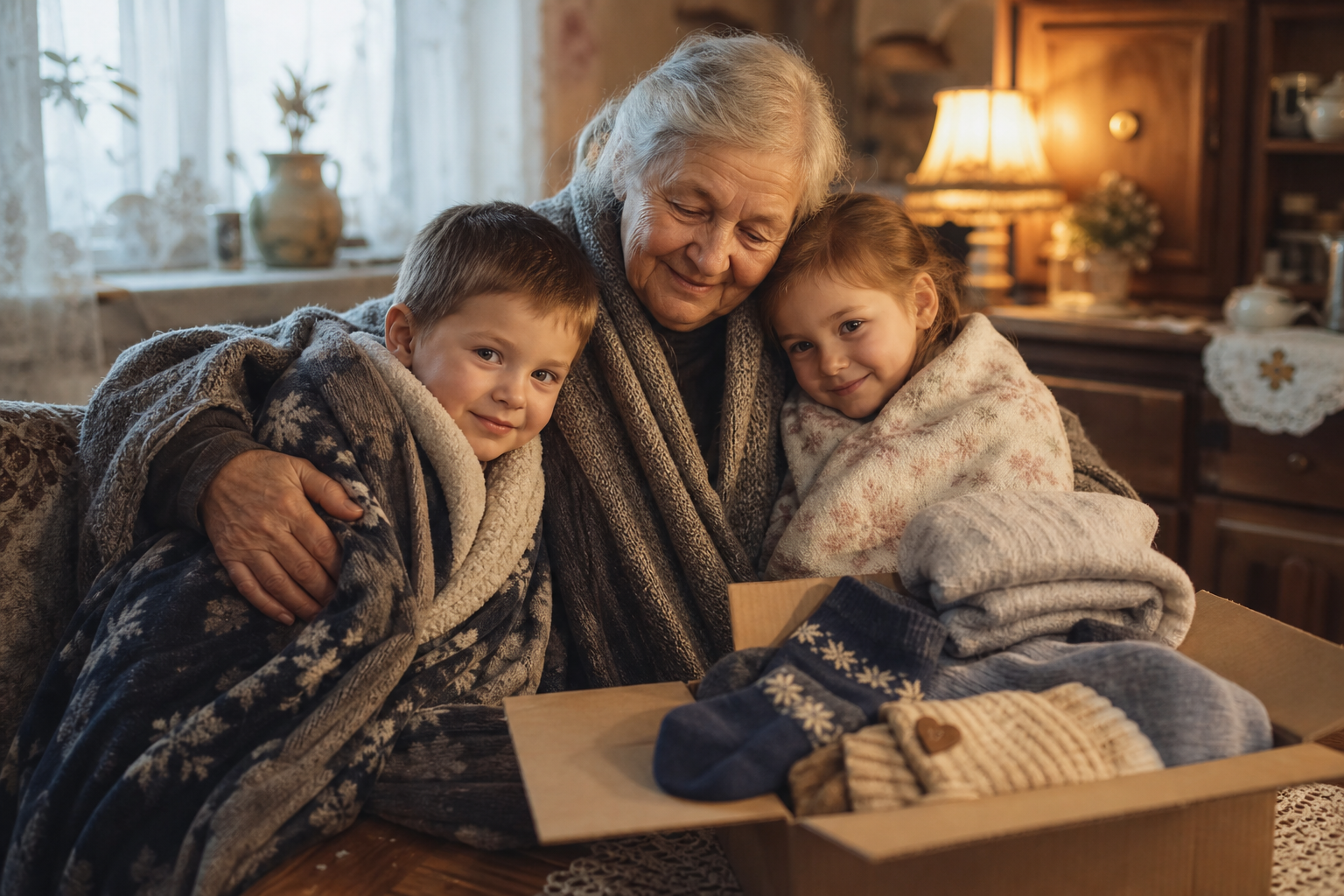 Grandmother and two grandchildren wrapped in warm blankets holding a winter care package at home