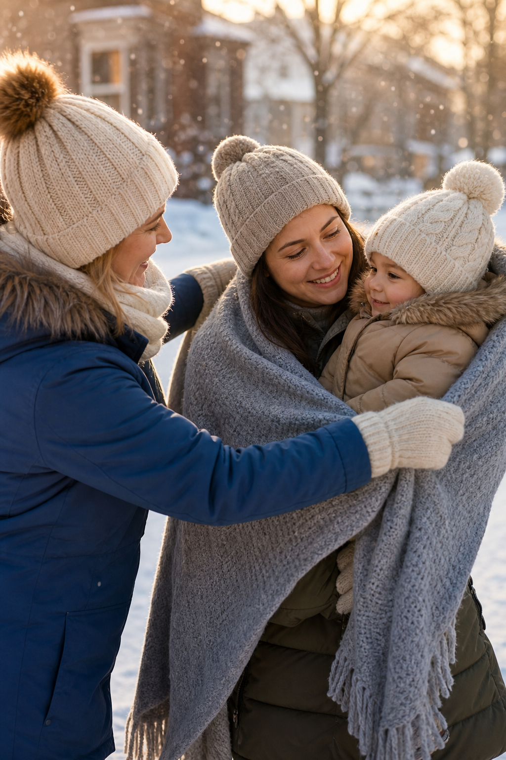 A volunteer wraps a warm blanket around a smiling mother and young child bundled in winter coats outdoors in the snow
