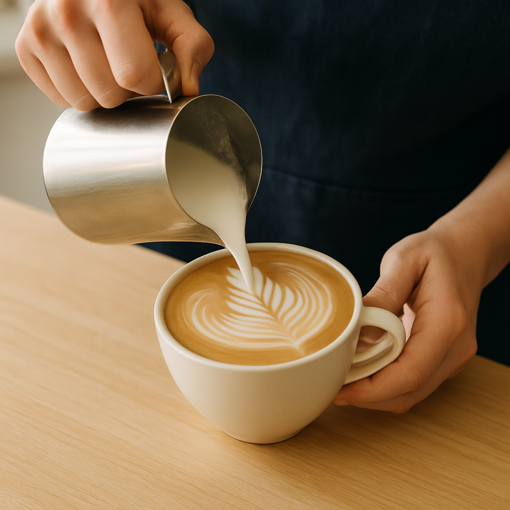 Barista's hands carefully pouring milk to create latte art in a cream-colored cup