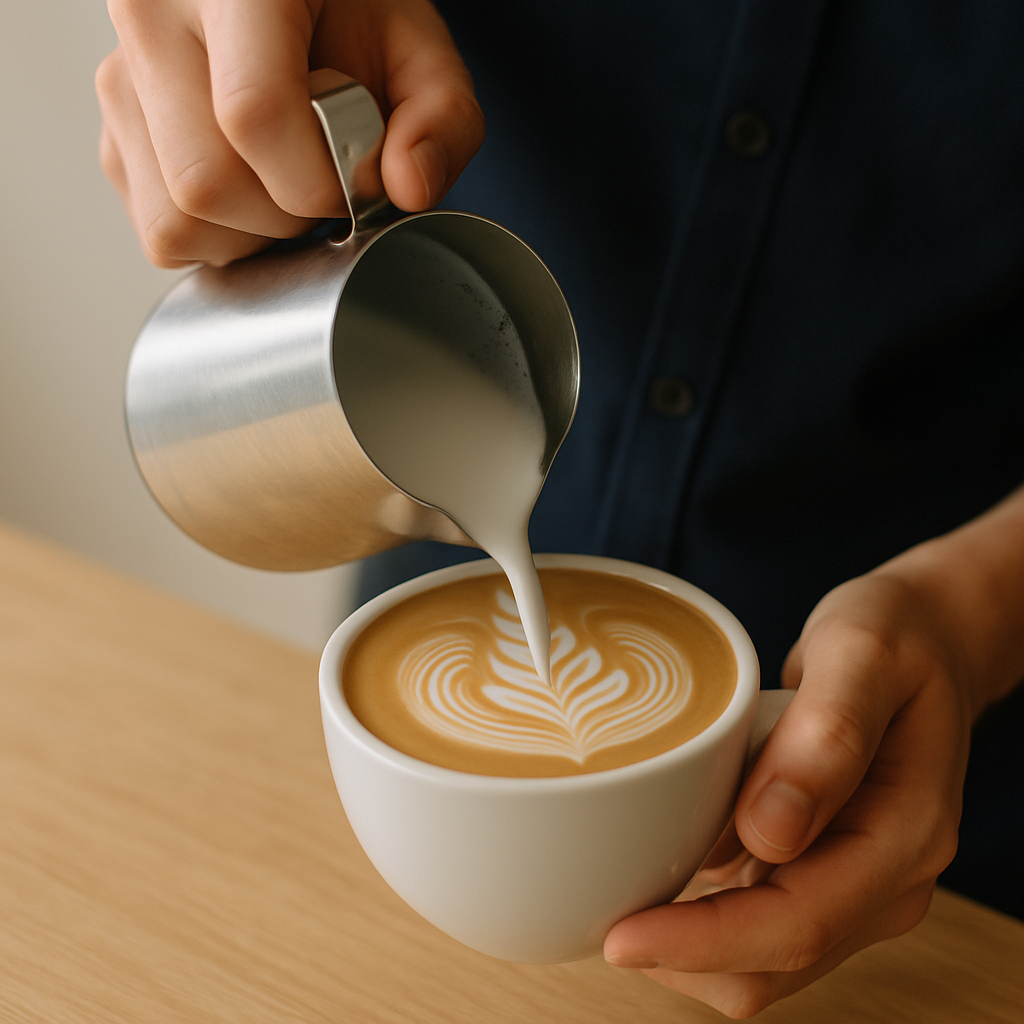 Barista carefully pouring milk into a latte cup