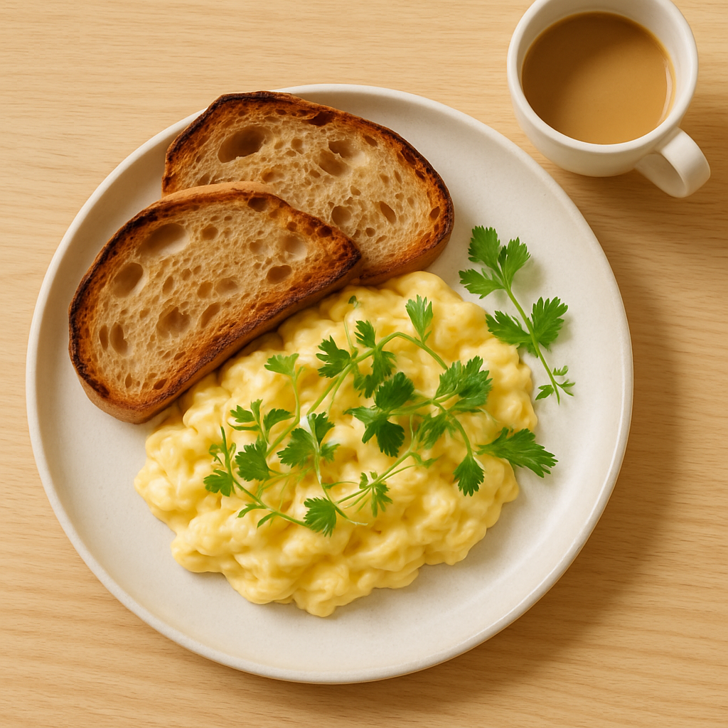 Simple breakfast plate with sourdough toast, soft scrambled eggs, and fresh herbs on a ceramic plate