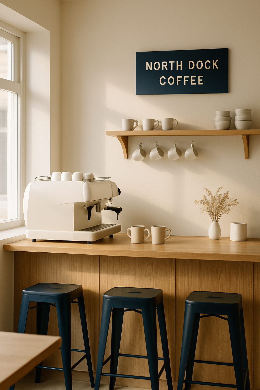 Bright Scandinavian cafe interior with light wood counter and tall windows