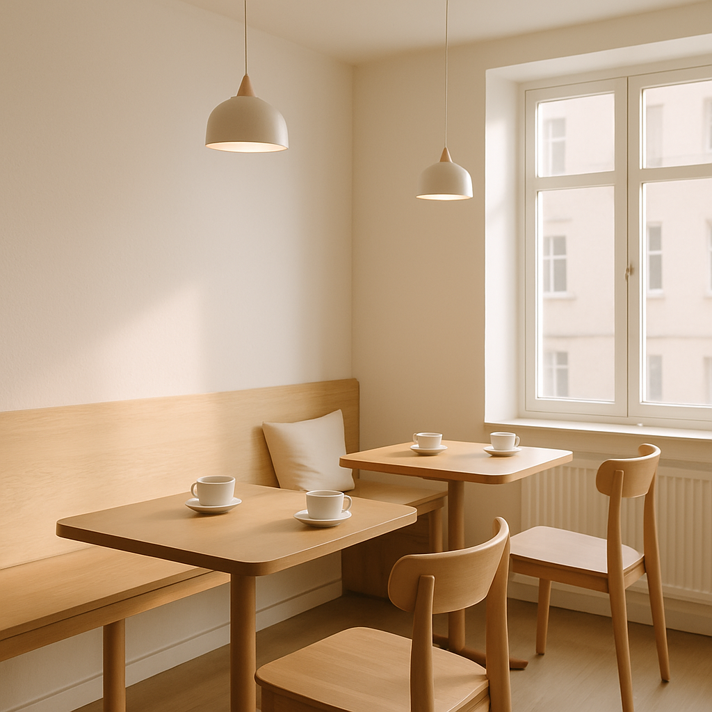 Bright Scandinavian cafe interior with light wood tables, soft morning light, and minimalist seating