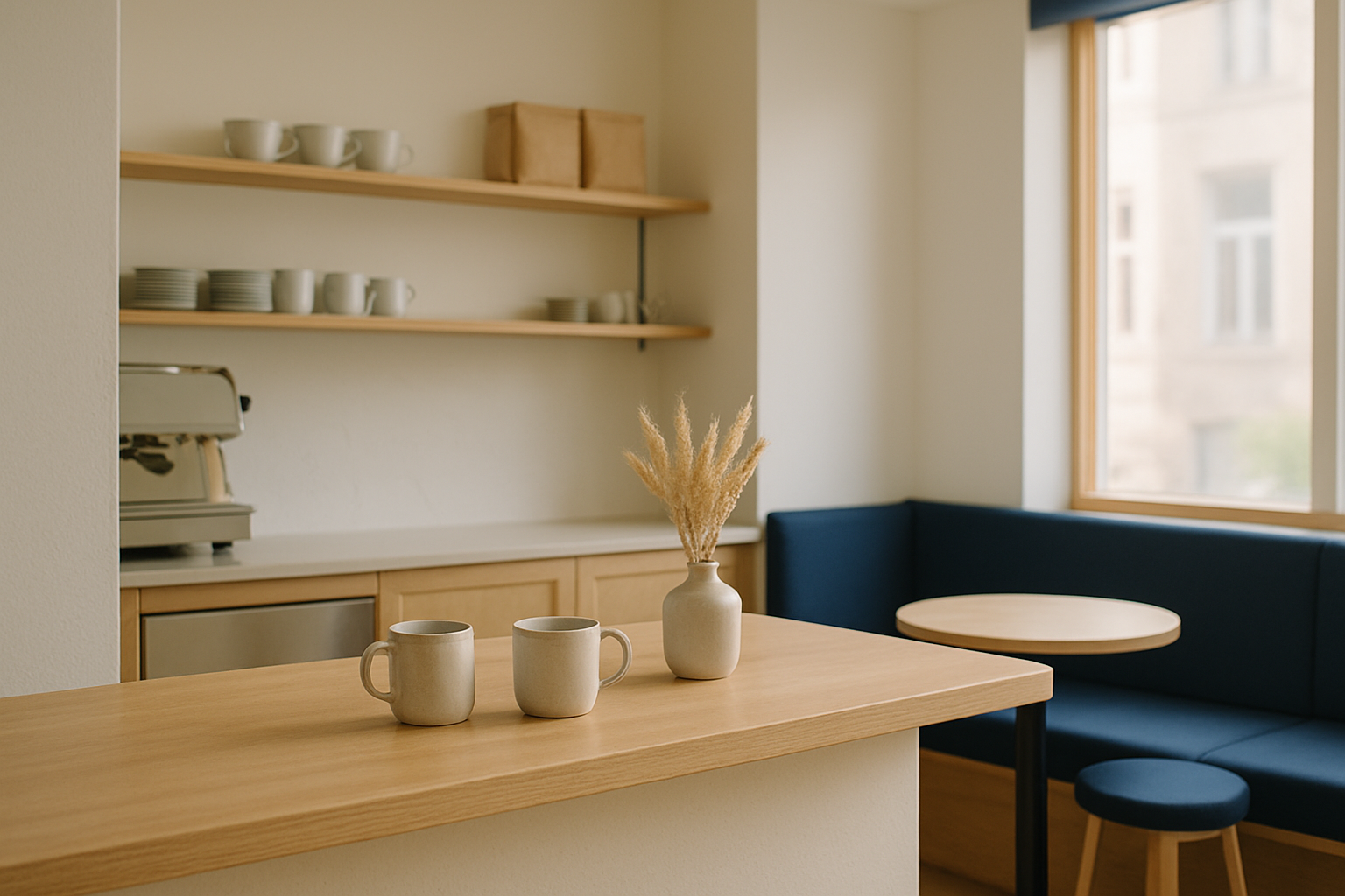 Bright Scandinavian cafe interior with off-white walls, pale wood counter, deep navy accents, and warm morning sunlight streaming through large windows
