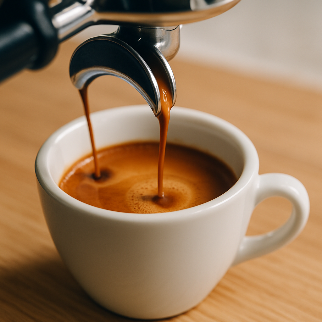 Close-up of dark espresso pouring into a small white ceramic cup from a chrome portafilter
