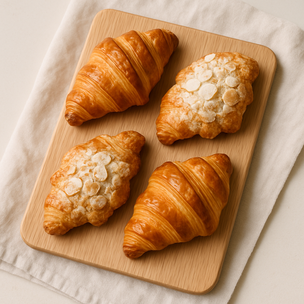 Golden flaky butter croissants arranged on a light wood serving board
