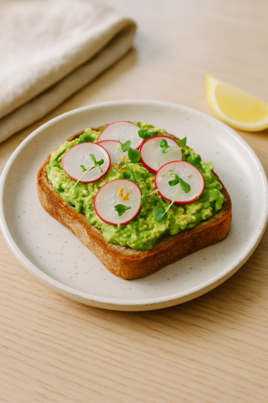 Avocado toast on sourdough topped with radish slices and herbs on a ceramic plate