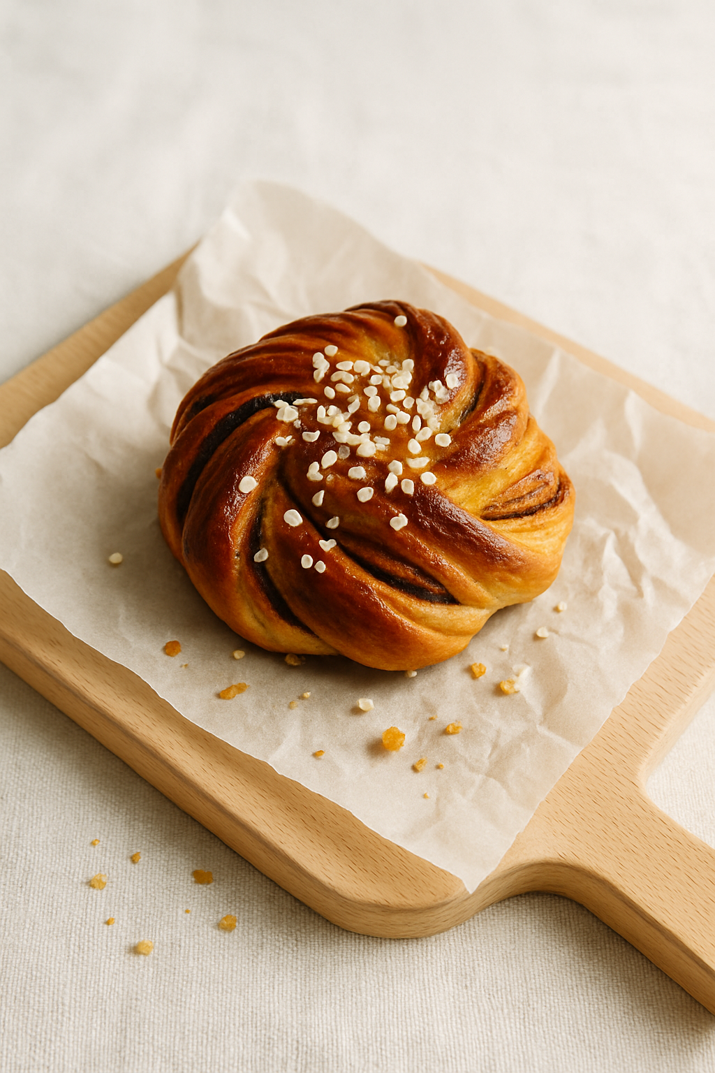 Freshly baked cardamom bun with sugar topping on parchment paper