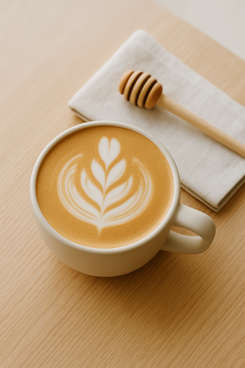 Honey oat latte in a ceramic cup with latte art on a light wood table
