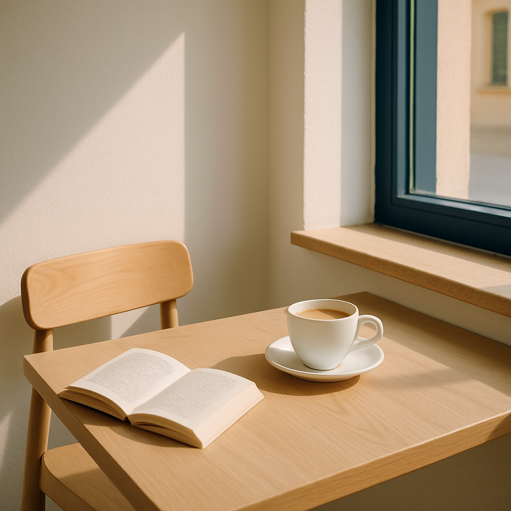 Cozy window-side seat with a single coffee cup, open book, and warm morning sunlight on light wood surface