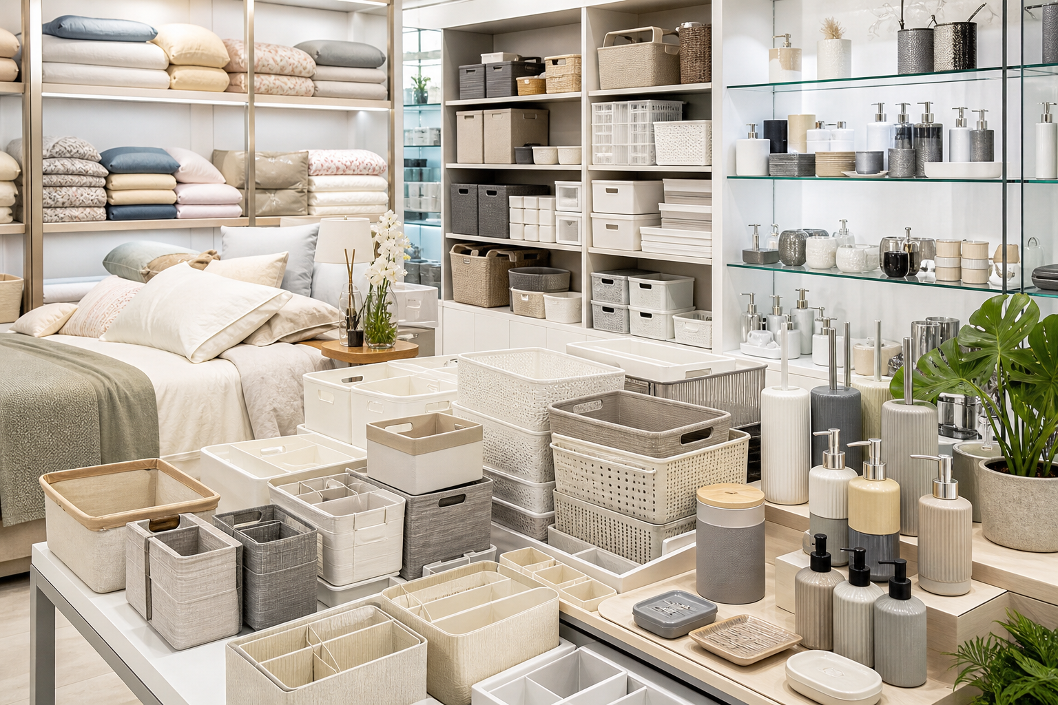 Bright wholesale showroom with neatly arranged home goods including textiles, storage boxes, and bathroom accessories