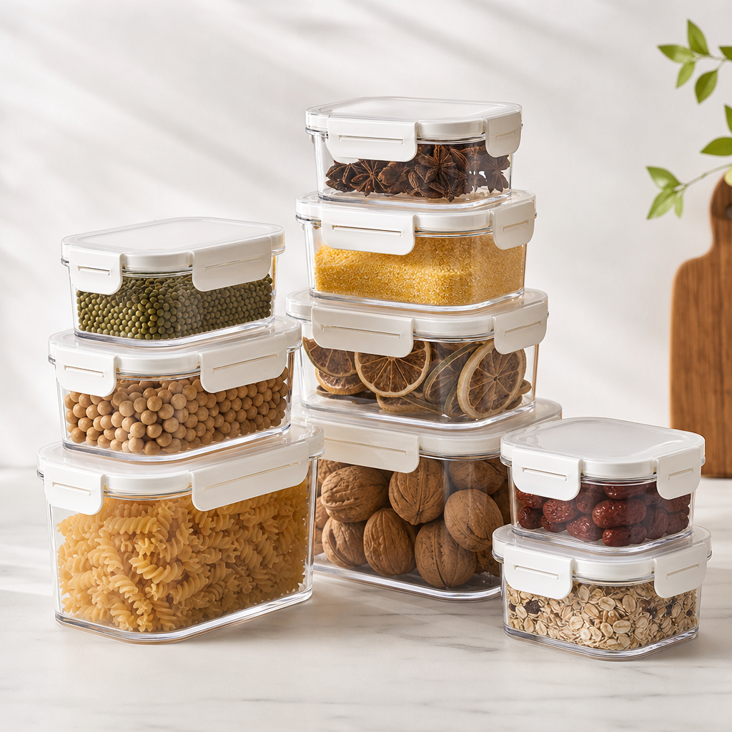 Set of clear rectangular airtight household food storage containers with white locking lids