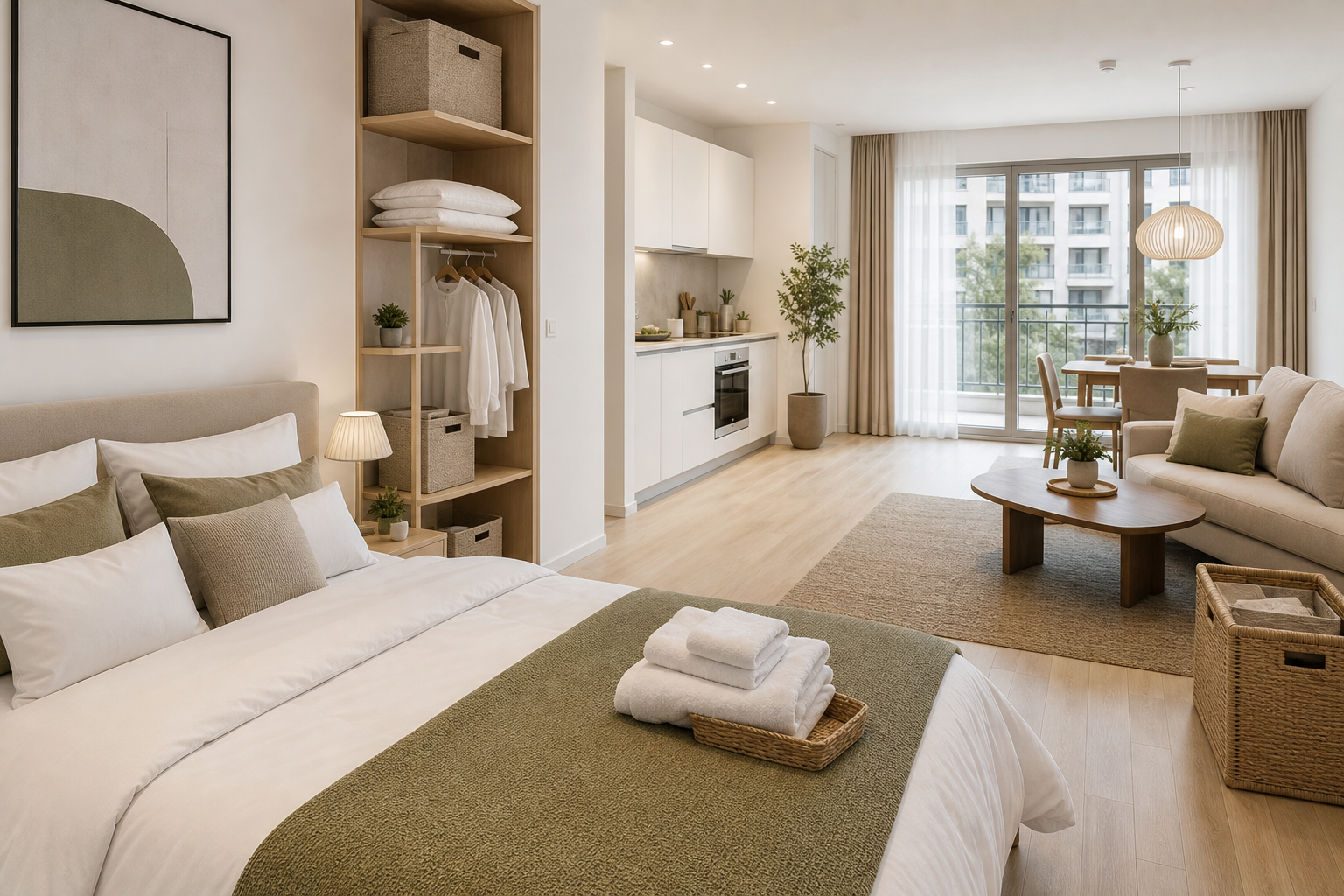 Modern apartment interior staged with coordinated bedding, towels, organizers, and decor