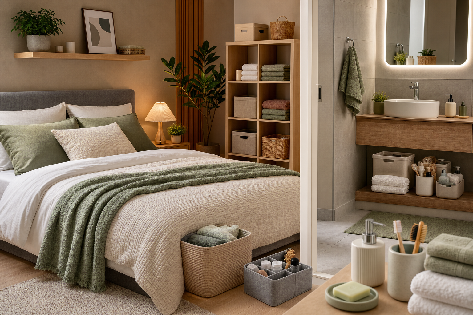 Modern apartment bedroom with coordinated textiles, storage organizers, and bathroom accessories