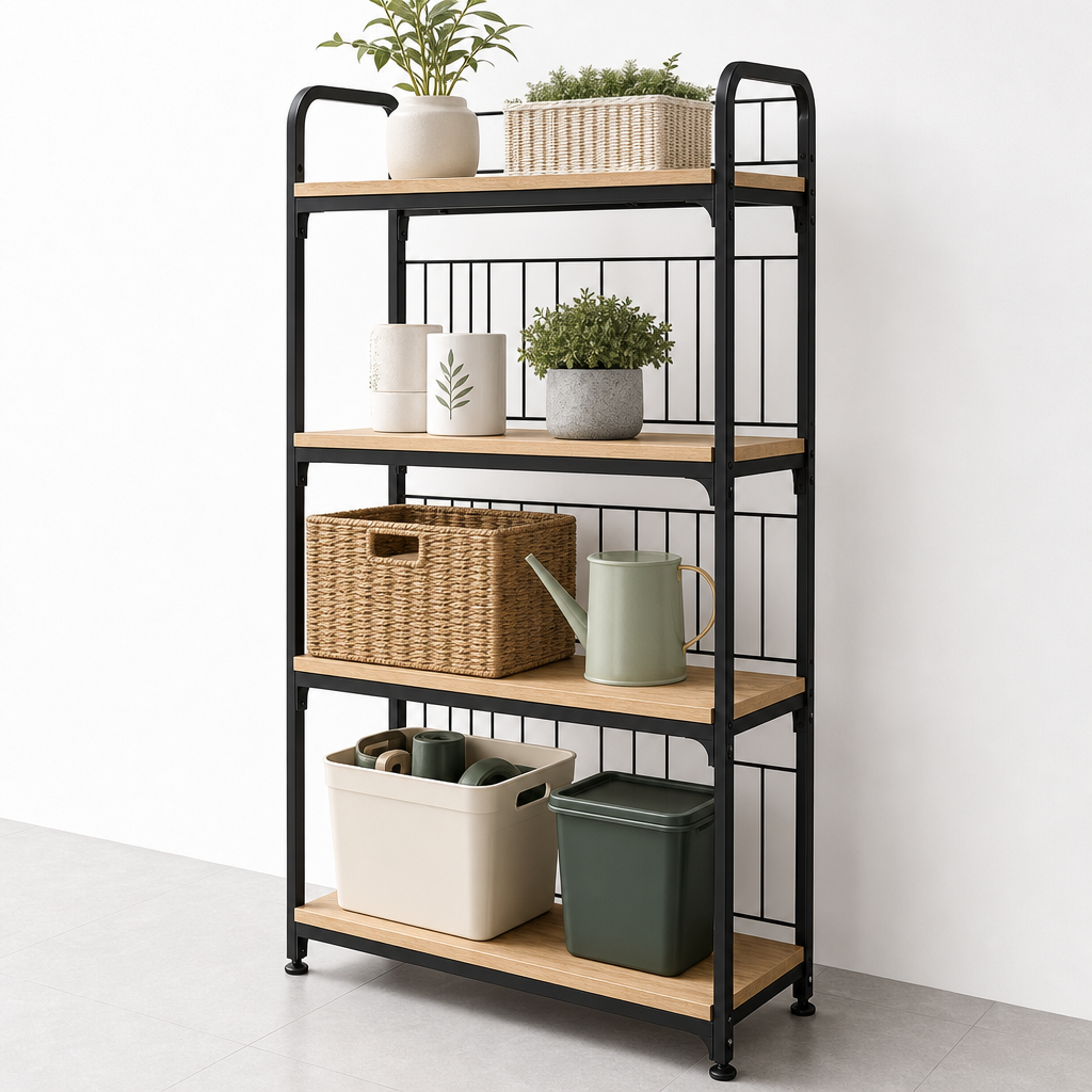 Tall black metal multi-layer balcony storage rack with wooden shelves