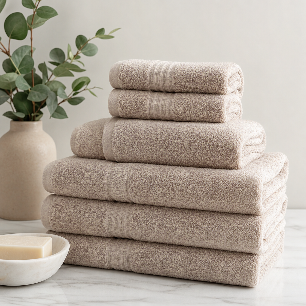 Stack of plush bath towels and hand towels in neutral beige tones