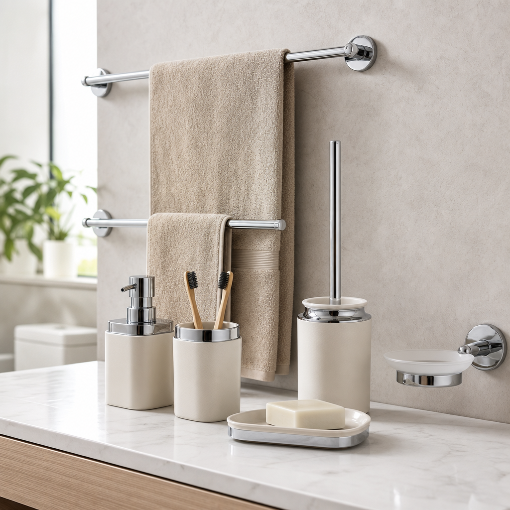 Bathroom accessory assortment with chrome towel bars, ceramic dispensers, and toilet brush set staged in a bright showroom