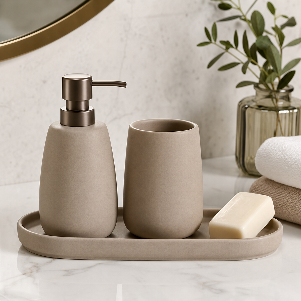 Minimal matte ceramic bathroom accessory set with soap dispenser and tumbler
