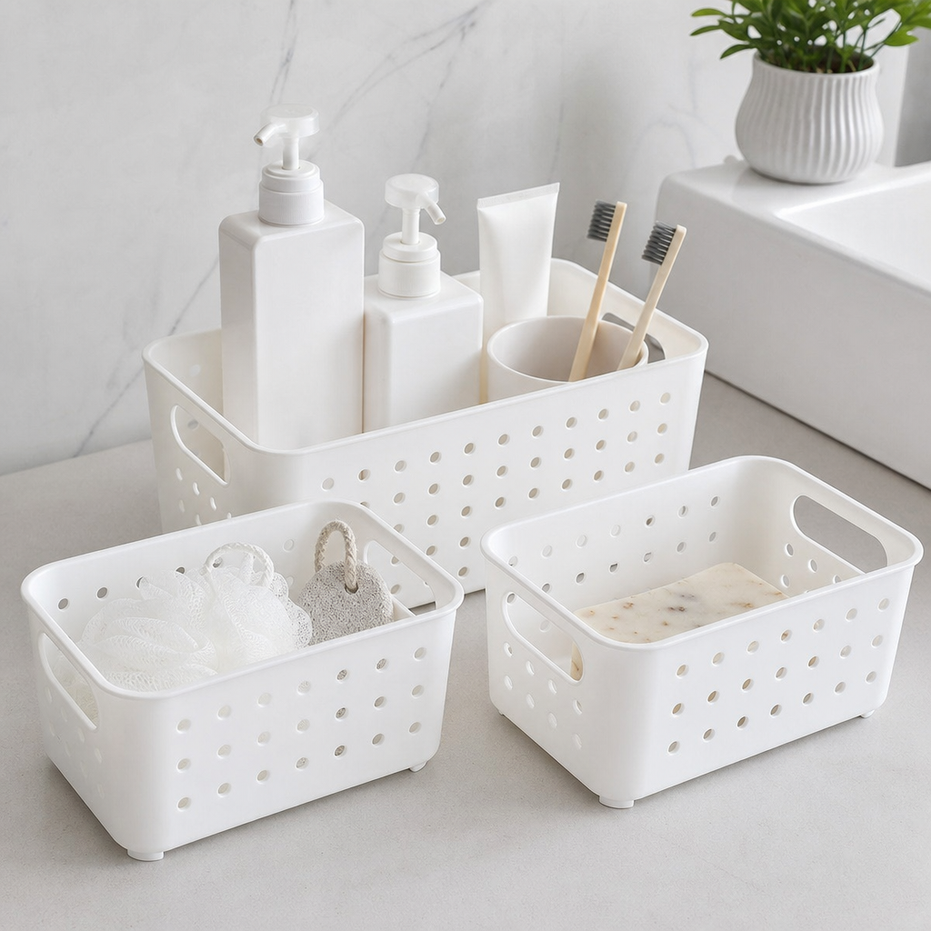 Realistic plastic bathroom organizer caddy set with drain holes, handles, and neutral white finish