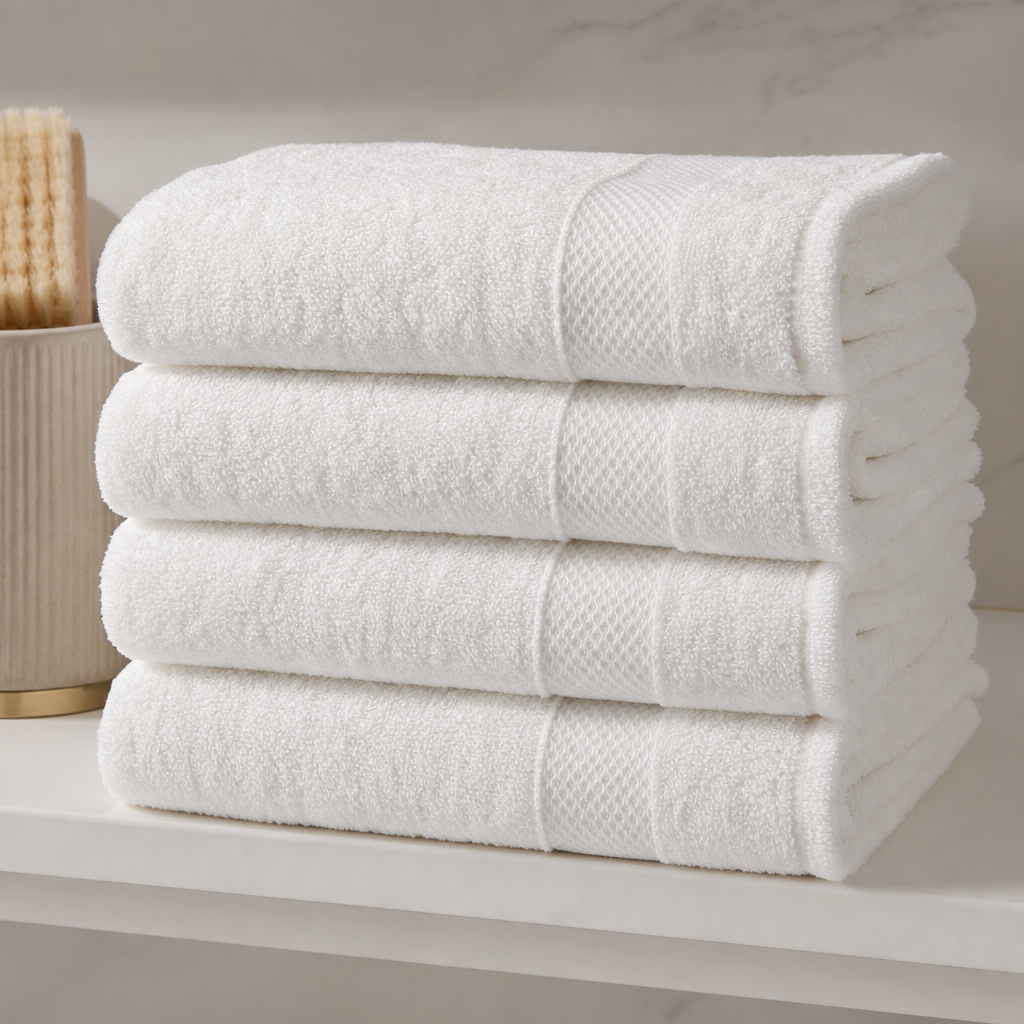 Stack of thick white cotton towels with textured border