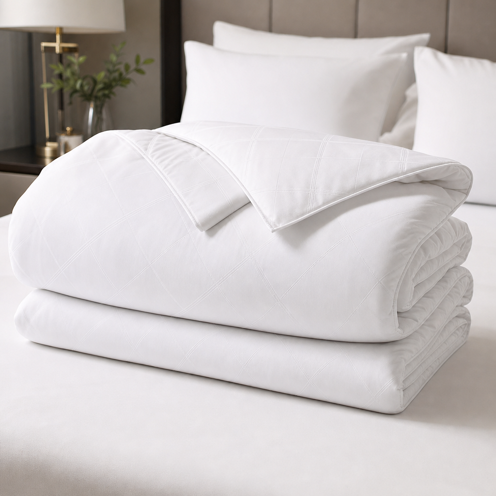 Soft white hotel duvet set with subtle stitched pattern folded on a neutral bed