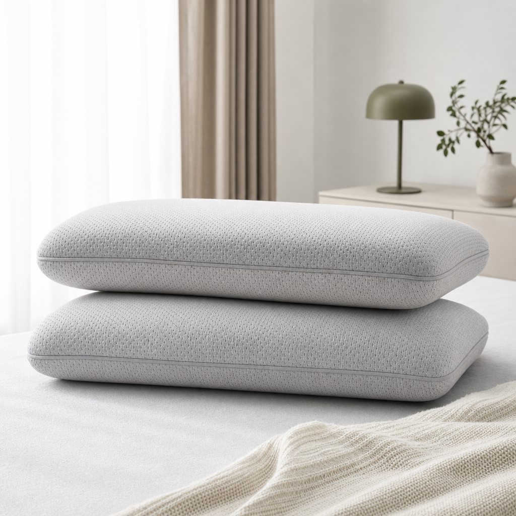 Stack of light gray memory foam pillows with breathable knit covers