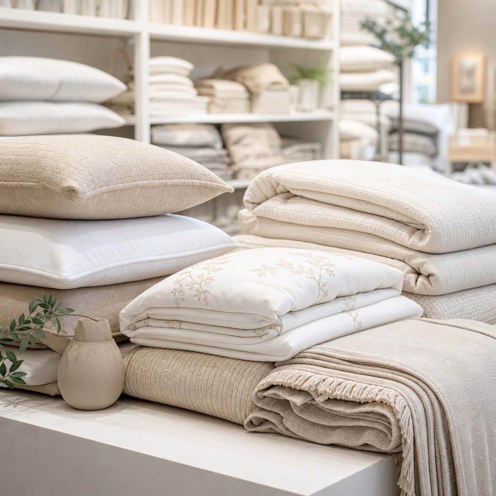 Assorted bedroom textiles including neutral duvet covers, pillows, and folded throws arranged on a clean showroom table
