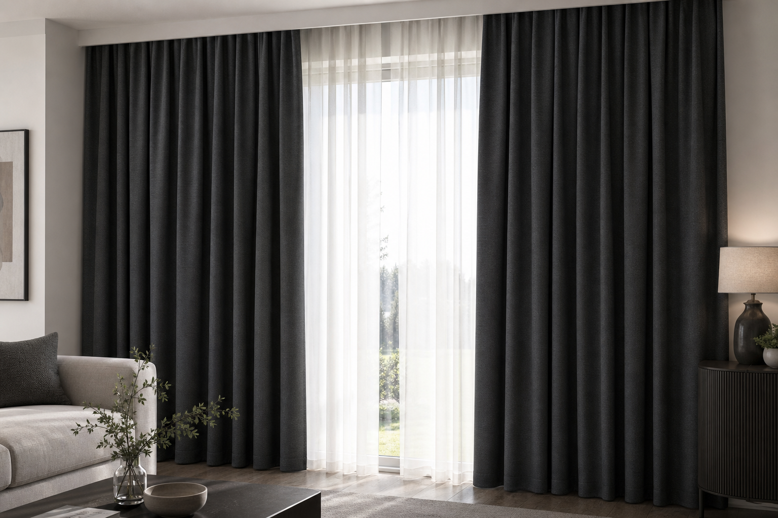 Floor-length blackout curtains in dark charcoal framing a bright window