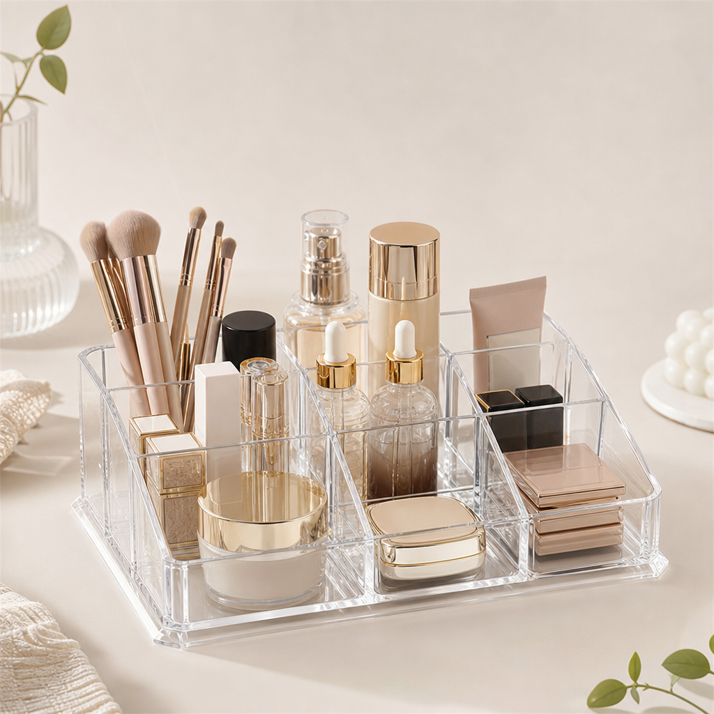 Clear acrylic cosmetic makeup storage tray with compartments and polished edges