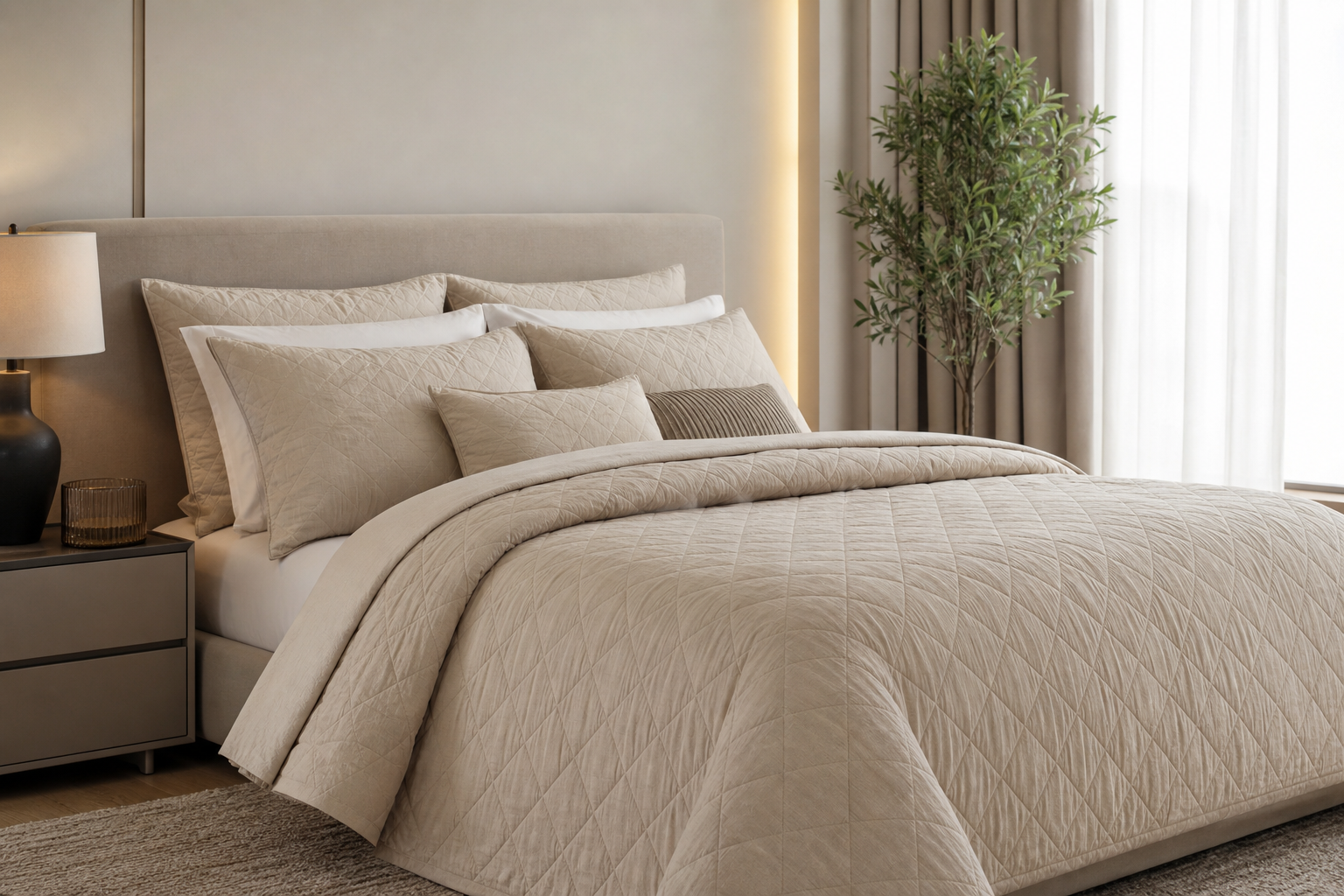 Neutral beige bedding set with quilt and layered pillows on a modern bed