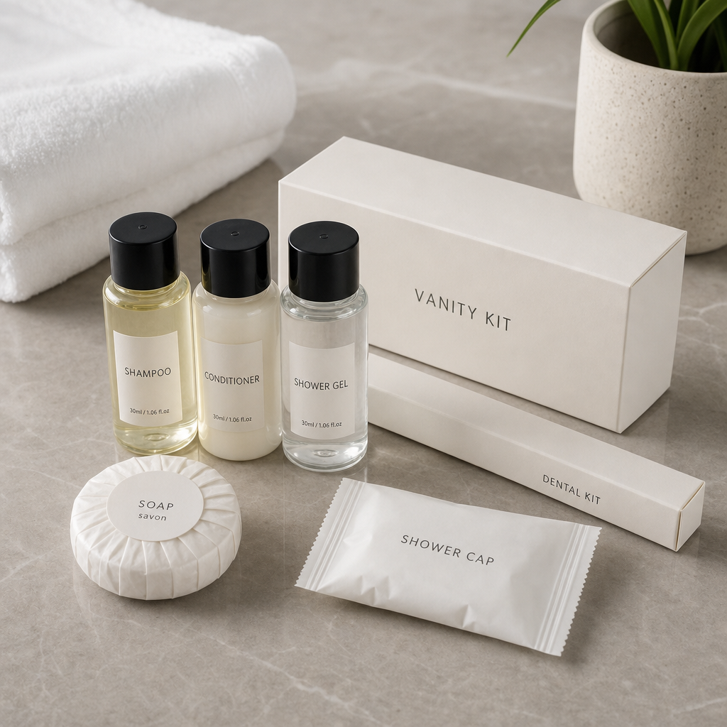 Hotel amenity set with disposable soap, shampoo, and shower cap in neat packaging