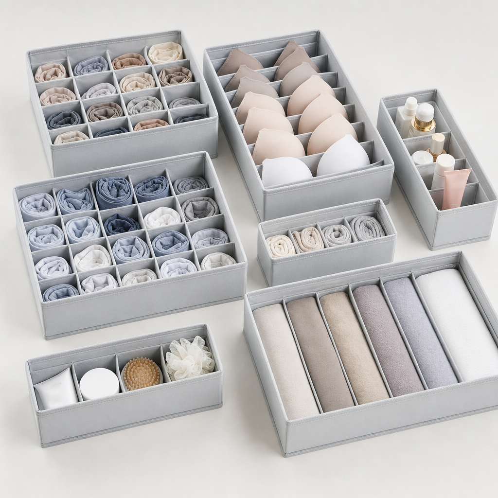 Set of light gray drawer clothing and cosmetic divider trays with modular sections