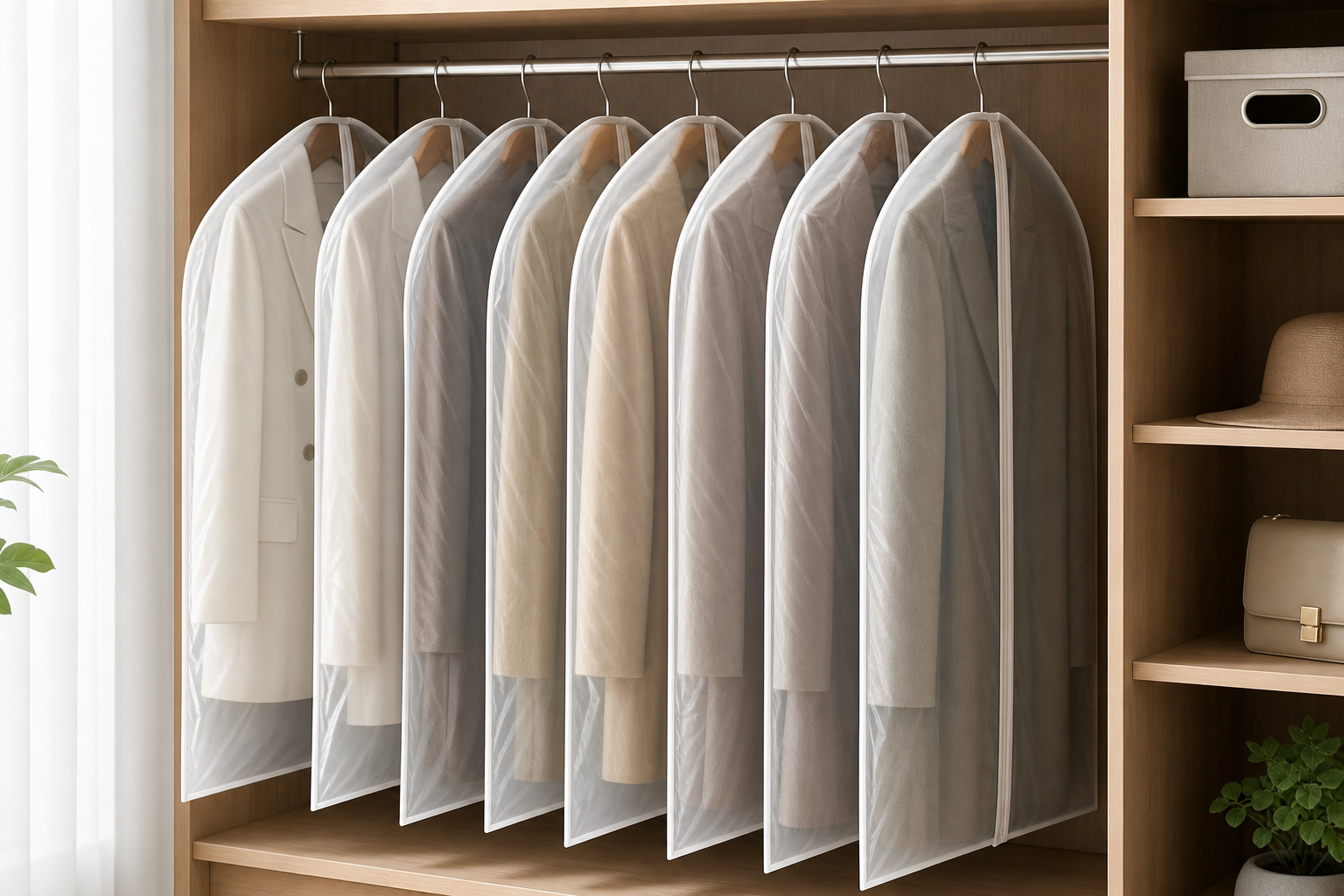 Transparent dust-proof garment cover bags hanging neatly on a wardrobe rail