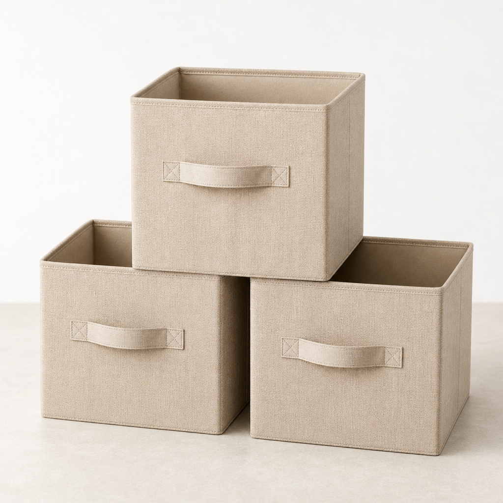 Set of beige fabric foldable storage cubes with stitched handles