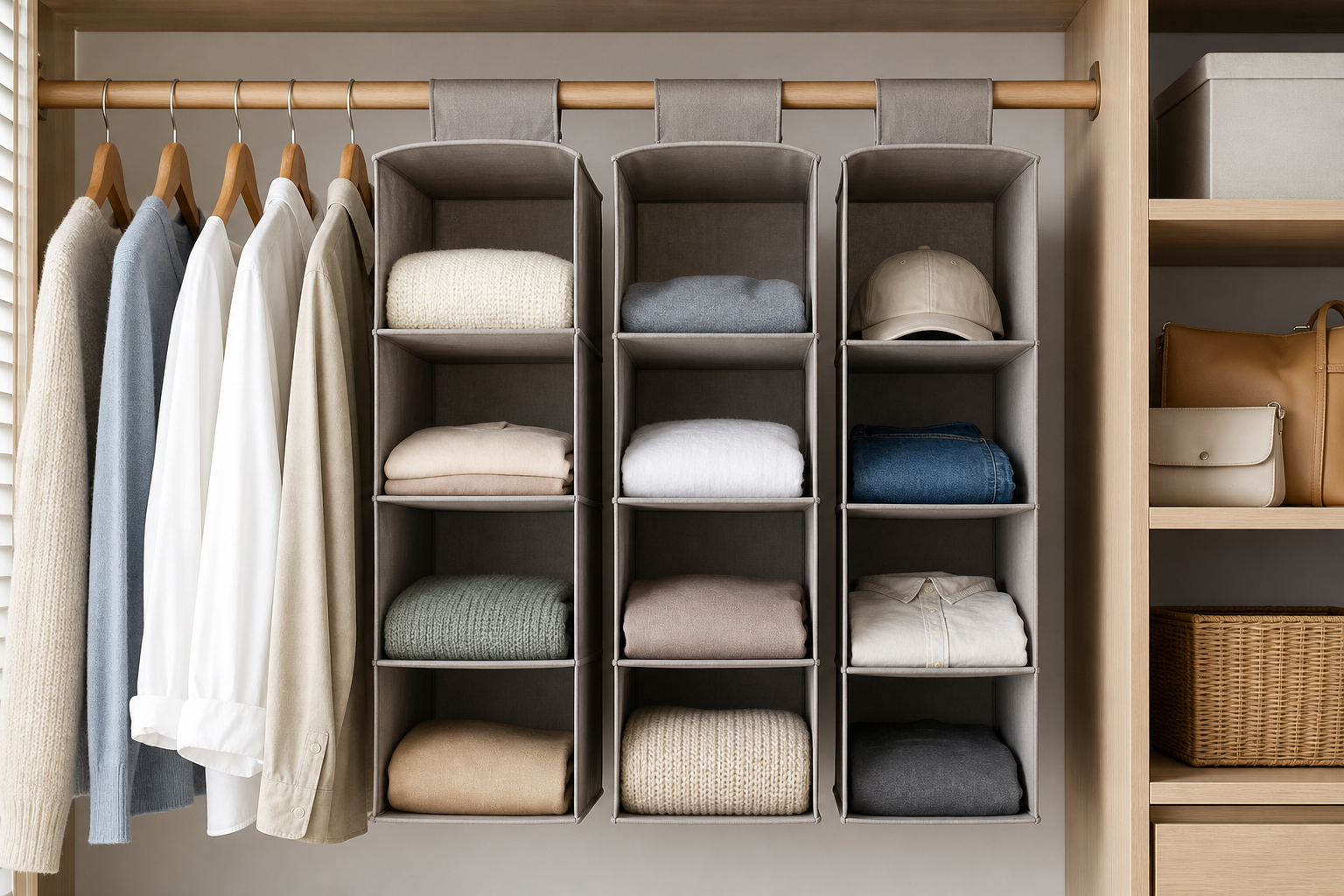 Hanging fabric wardrobe dividers separating clothes in a modern closet