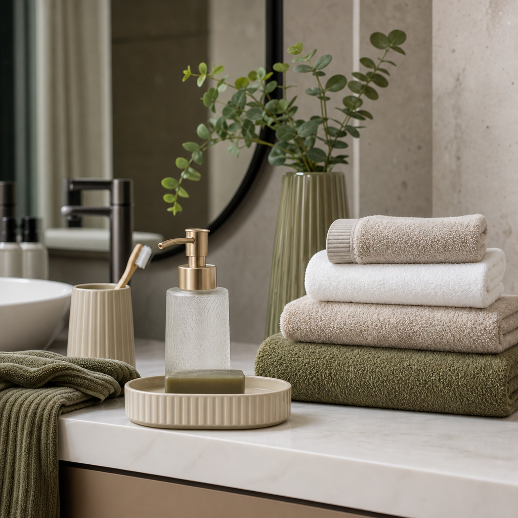 Realistic bathroom accessory set with neutral-toned towels, soap dispensers, and storage trays in a modern showroom