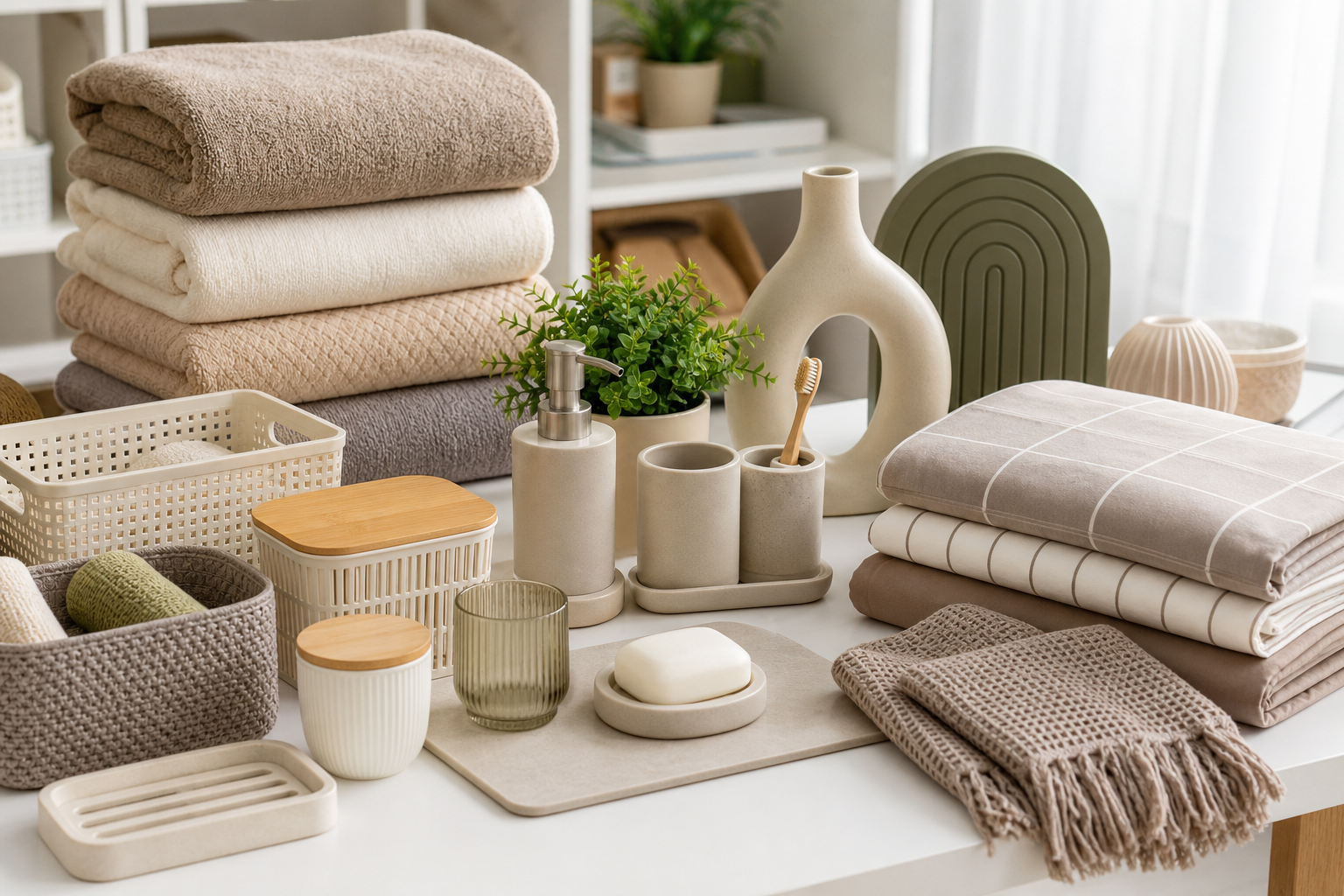 Bright assortment of premium household products including folded bedroom textiles, bathroom accessories, storage baskets, and decor items arranged on a clean tabletop